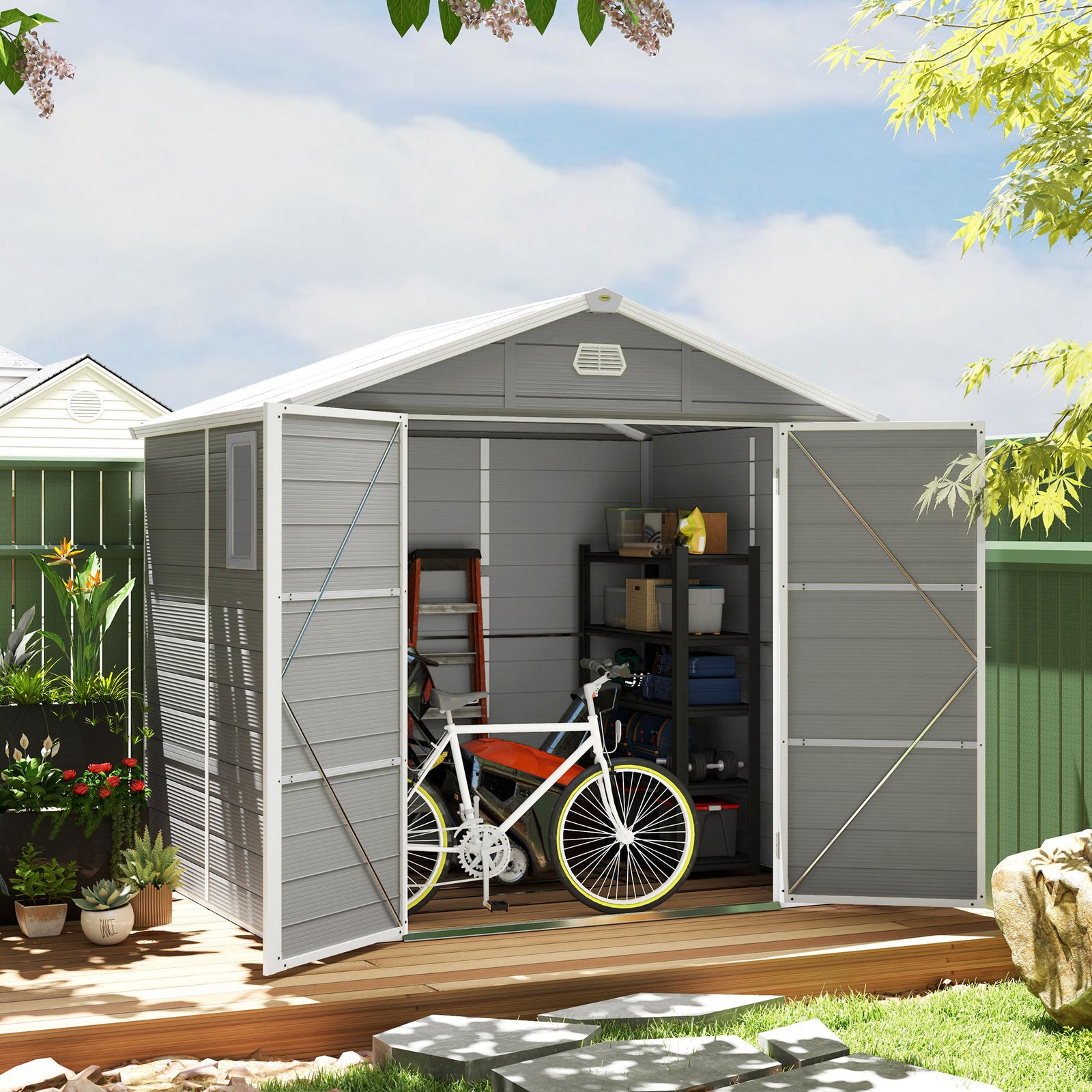 7.9ft x 6.2ft Aluminium Frame and Plastic Wall Shed, with Foundation - Light Grey
