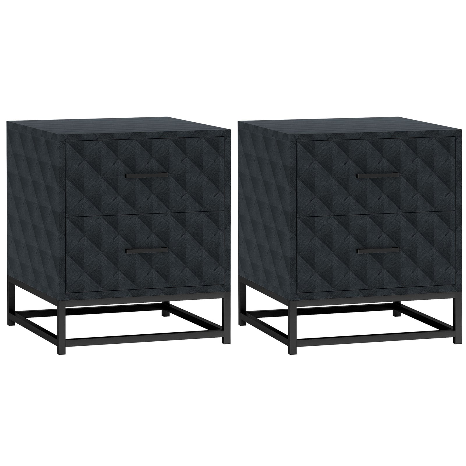 Bedside Tables Set of 2, Modern Bedside Table Nightstand with 2 Drawers, Bedside Cabinet Sofa Side Table with Storage, Steel Legs for Bedroom, Living Room, Black