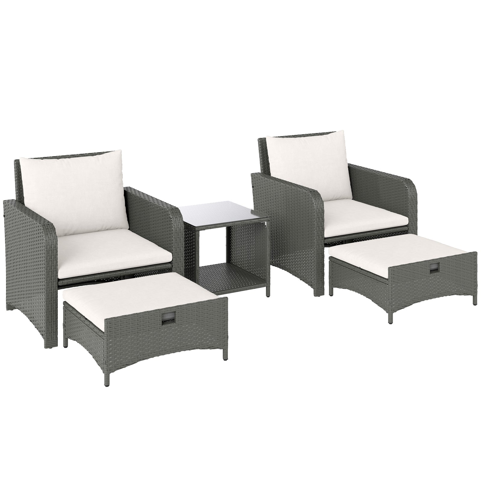 Five Piece Rattan Garden Furniture Set with 2-Tier Coffee Table and Ottomans - Cream White
