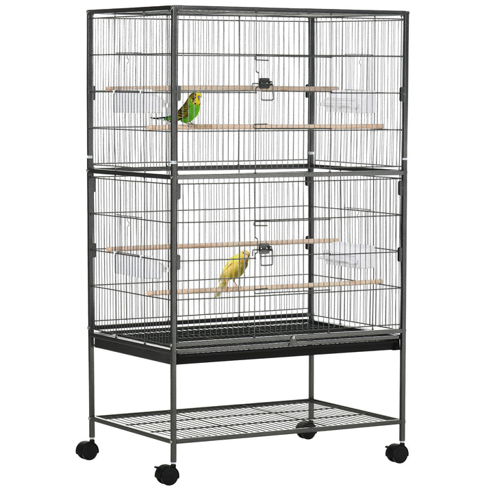 PawHut Large Bird Cage Budgie Cage for Finch Canaries Parakeet w/ Rolling Stand, Slide-out Tray, Shelf, Food Containers, Dark Grey | Aosom UK