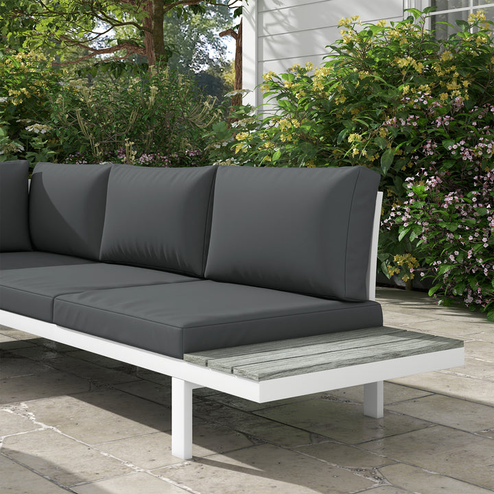 Outsunny 4 Pieces Garden Furniture Set, 5-Level Reclining Garden Corner Sofa Set, Outdoor Lounge Conversation Sectional with Cushions, Wood Effect Plastic Table, White Frame & Grey Cushion