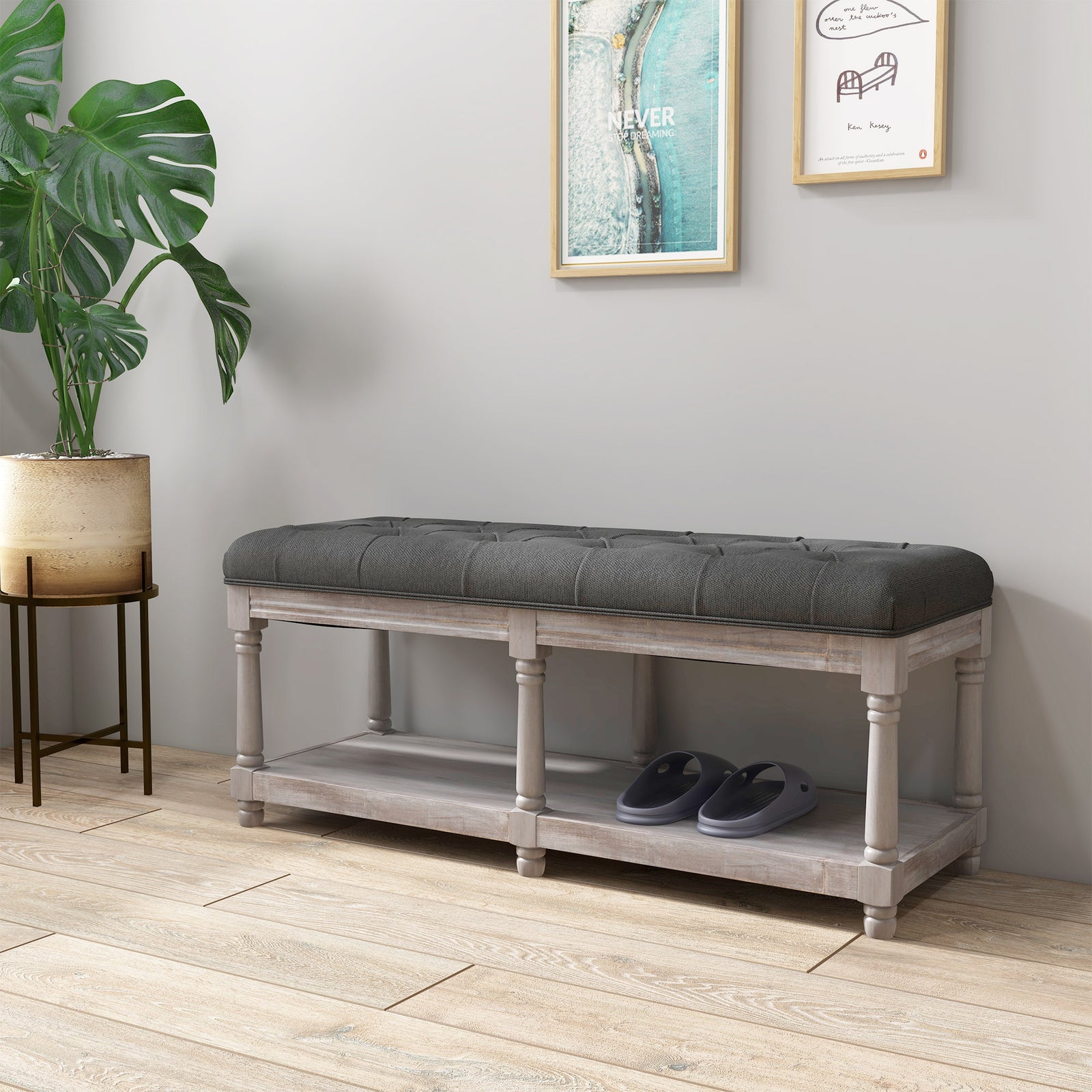 2-Tier Bed End Bench, Vintage Stool, Wooden Window Seat with Storage Shelf, Button Tufted Upholstered Footstool for Living Room, Bedroom, Entryway, Grey