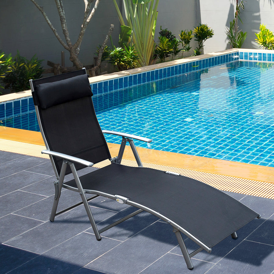 Sun Lounger Steel Frame Outdoor Folding Chaise Texteline Lounge Chair Recliner with Headrest & 7 Levels Adjustable Backrest, Black