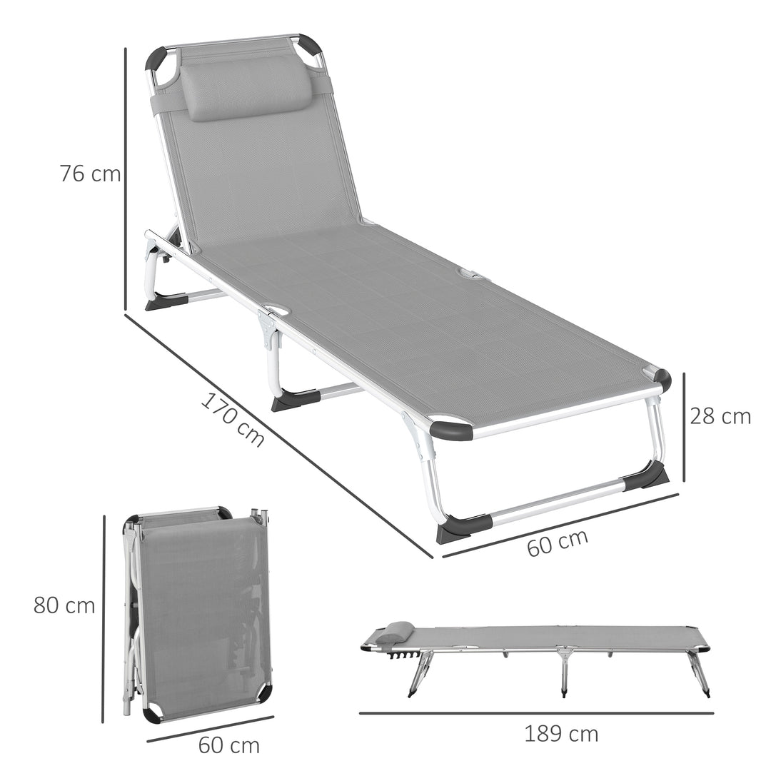 Outsunny Foldable Outdoor Sun Lounger Set of 2, Reclining Lounge Chair Camping Bed Cot with Pillow 4-Level Adjustable Back Aluminium Frame, Light Grey