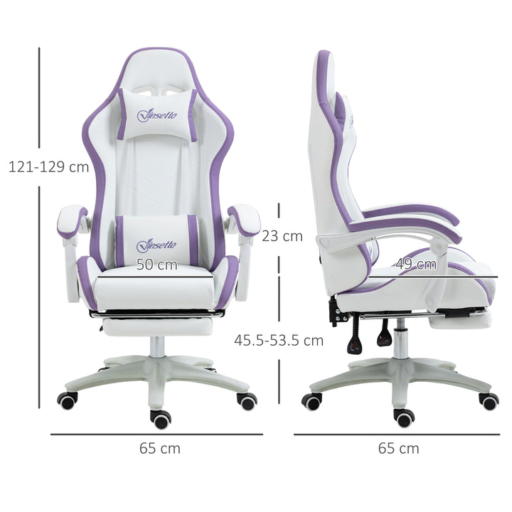 Computer Gaming Chair, PU Leather Office Desk Chair with Footrest, Swivel Wheels, 135° Reclining Back, Lumbar Support, Headrest for Home, White and Purple