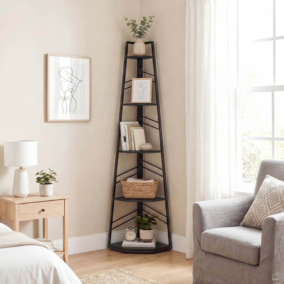 Corner Bookcase, 5-Tier Floor Standing Bookshelf, Shelving Unit for Li