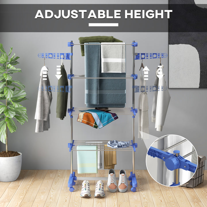 HOMCOM 4-Tier Clothes Airer, Foldable Clothes Drying Rack, Stainless Steel Indoor & Outdoor Clothes Dryer w/ Wheels & Wings, Easy Assembly | Aosom UK