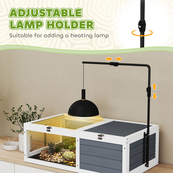 Tortoise Table with Adjustable Lamp Holder, Wooden Tortoise House w/ Openable Lids, Pull-Out Trays - Grey