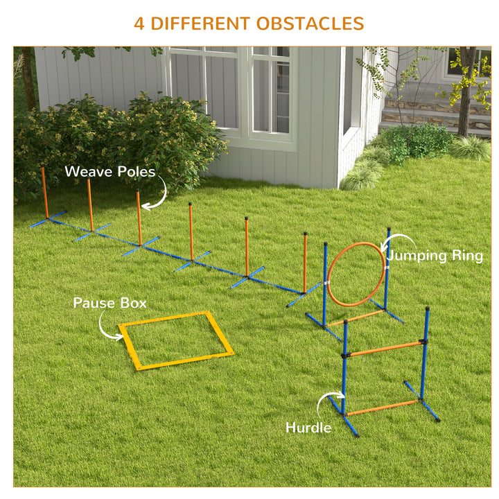 PawHut Five-Piece Dog Agility Equipment Set with Weave Poles, Jump Ring, Hurdle, Pause Box, Training Shorts, Bag, Orange | Aosom UK