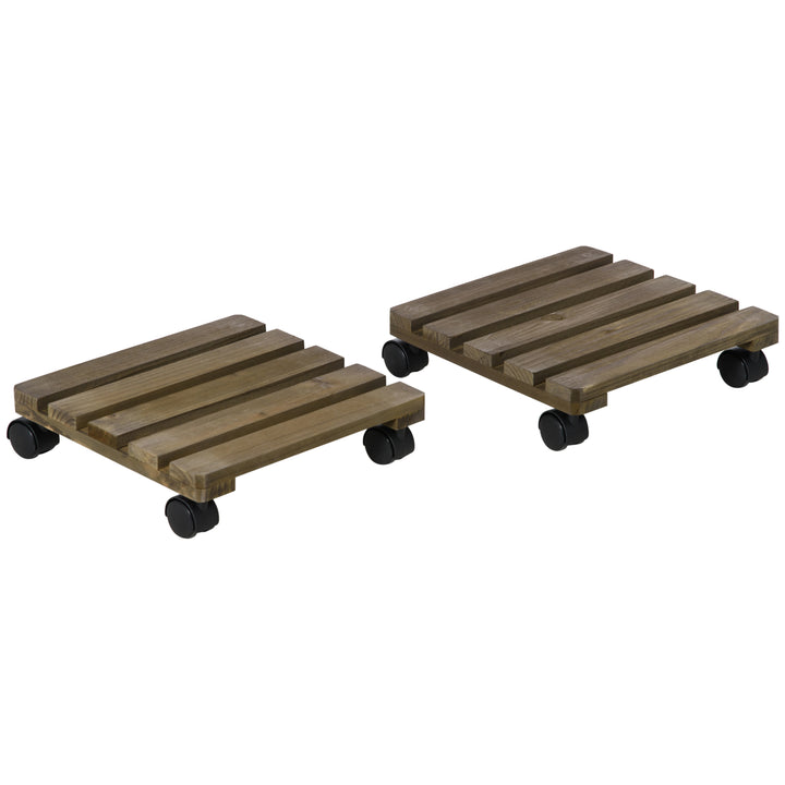 30L x 30W x 7Hcm 2 Pack Plant Stand with Wheels, Flowerpot Holder, Wooden Flower Display Stand for Indoor Outdoor Living Room Entryway