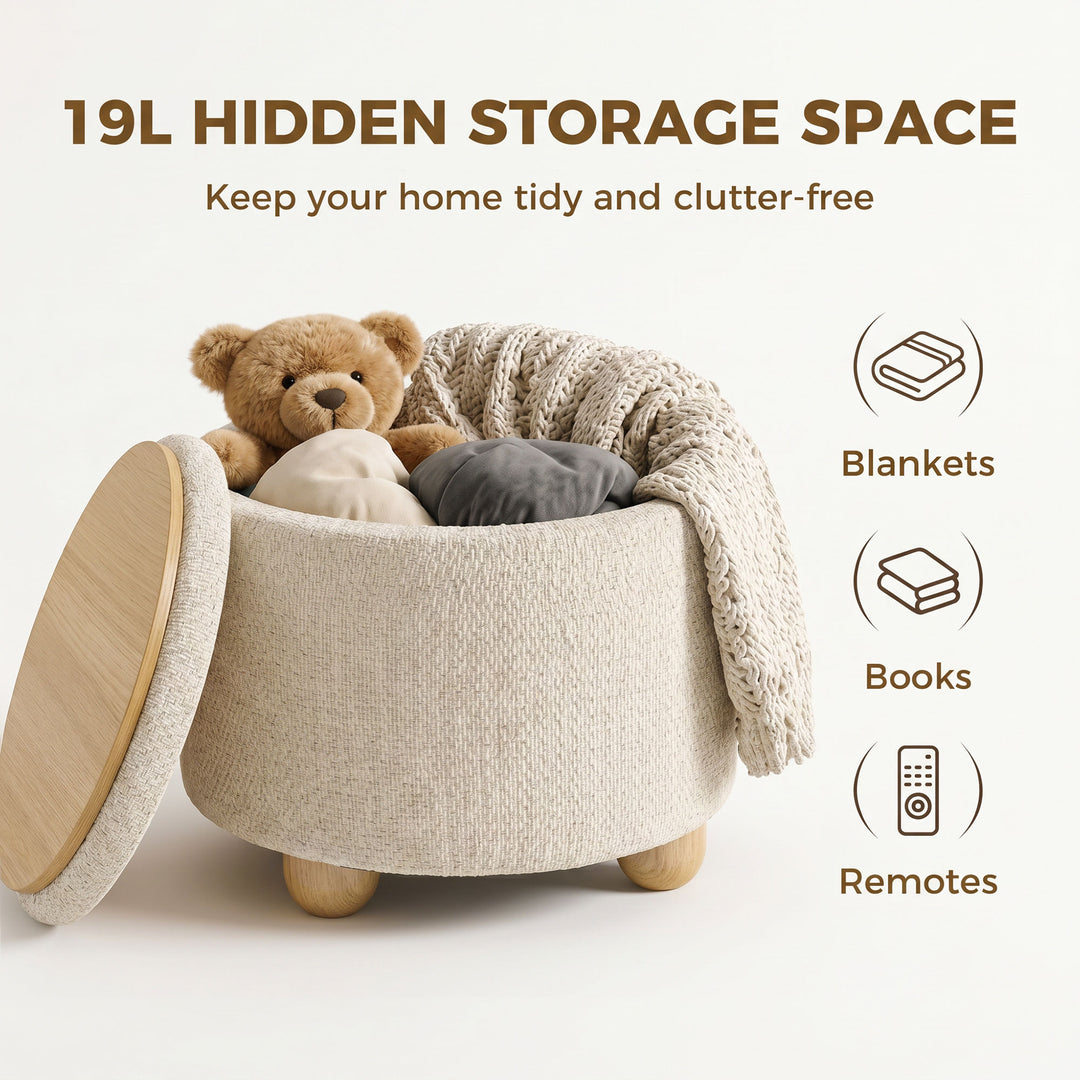 Storage Sitting Bench with Lid, Round Storage Ottoman with Rubberwood 