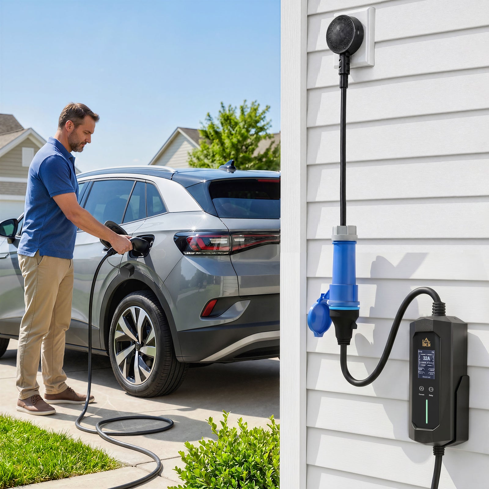 EV Charger 7kW Type 2 to CEE 32A Plug with UK Adapter, 10 m, 6-32A, El