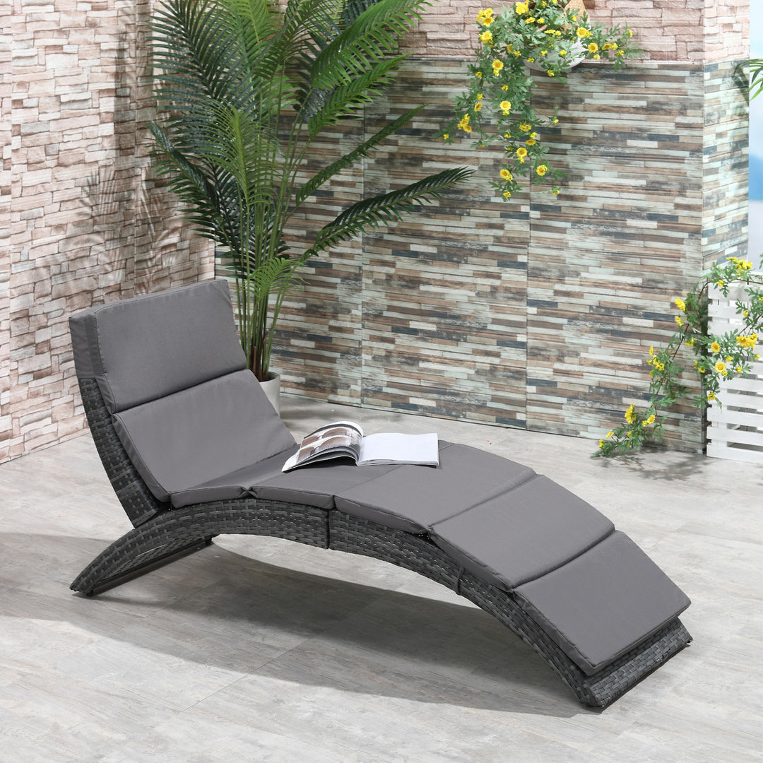 Outdoor Foldable PE Rattan Sun Lounger with Soft Padded Cushion, Ergonomic Curved Design Sun Bed for Balcony, Garden, Grey