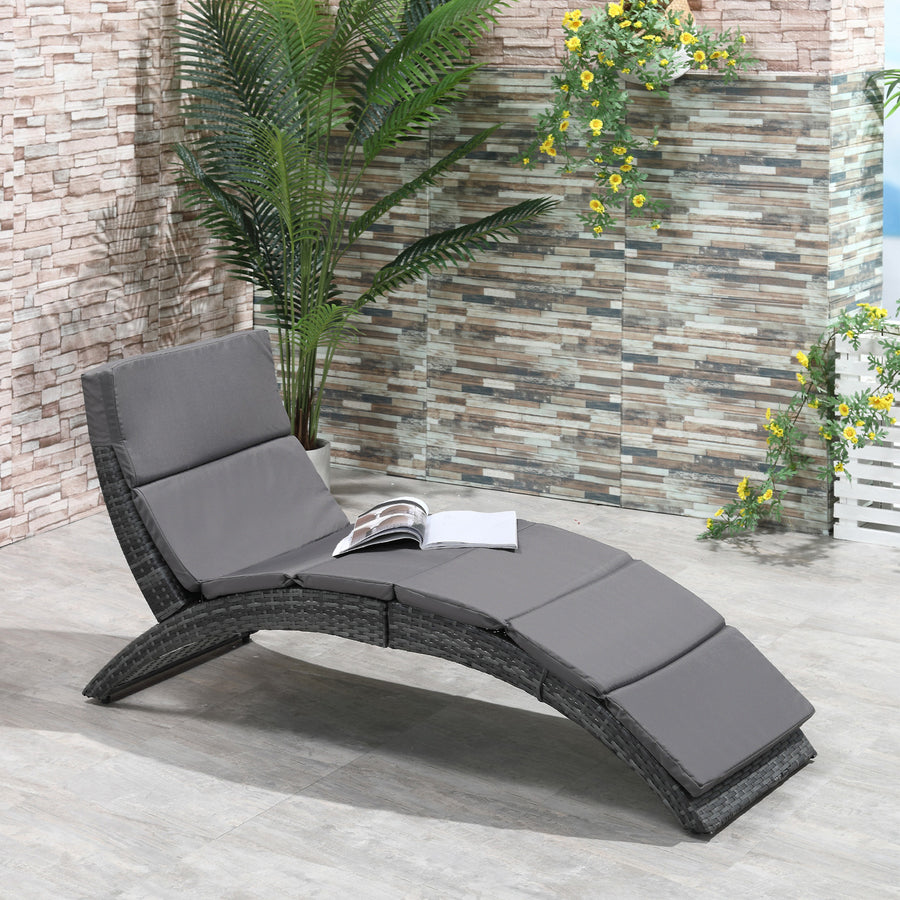 Outdoor Foldable PE Rattan Sun Lounger with Soft Padded Cushion, Ergonomic Curved Design Sun Bed for Balcony, Garden, Grey