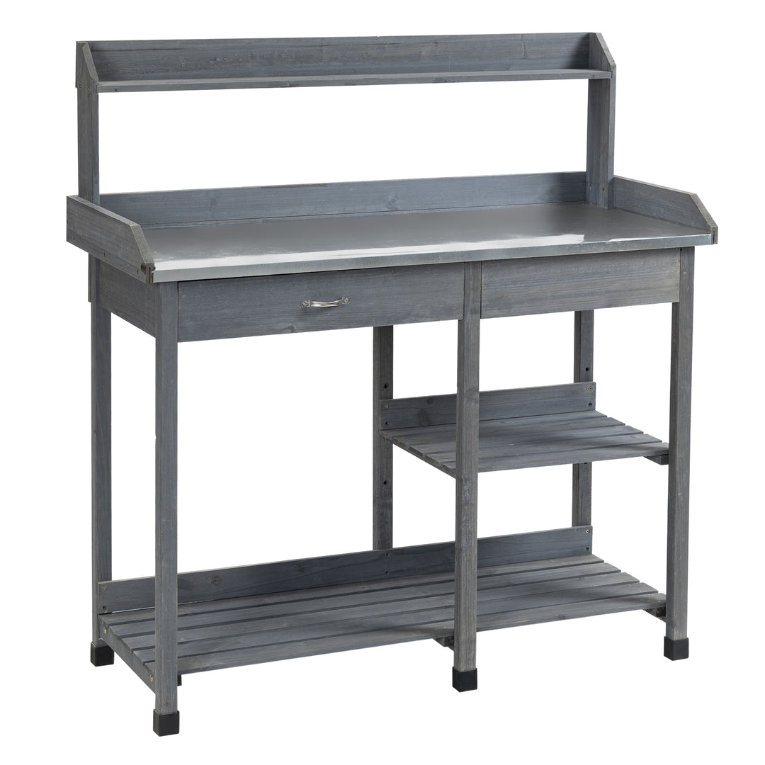 Garden Potting Table, Wooden Workstation Bench w/ Galvanized Metal Tabletop, Drawer, Storage Shelves and Hooks for Patios, Courtyards, Balcony
