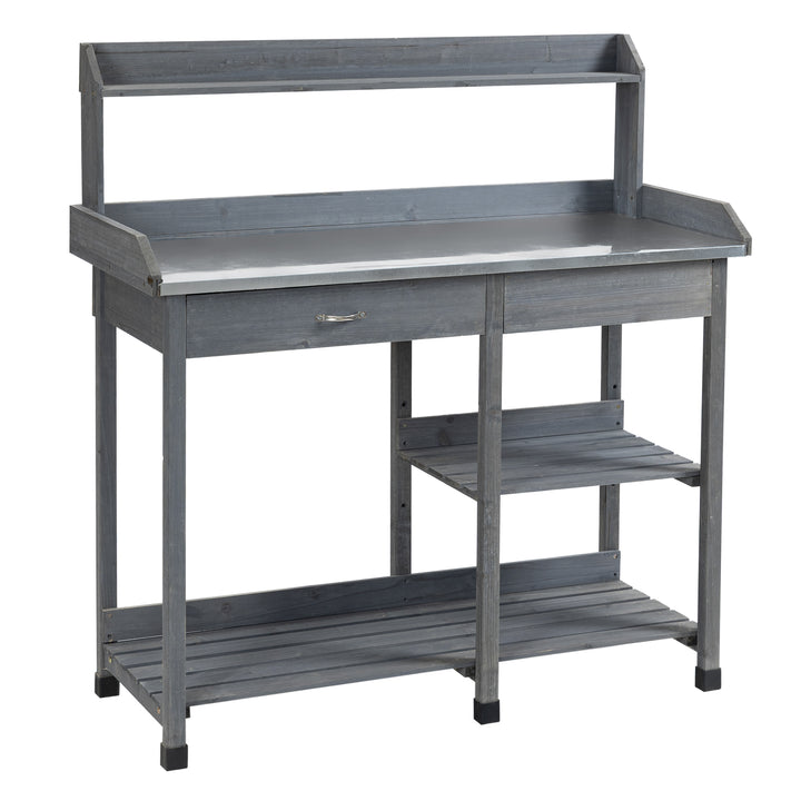 Garden Potting Table, Wooden Workstation Bench w/ Galvanized Metal Tabletop, Drawer, Storage Shelves and Hooks for Patios, Courtyards, Balcony
