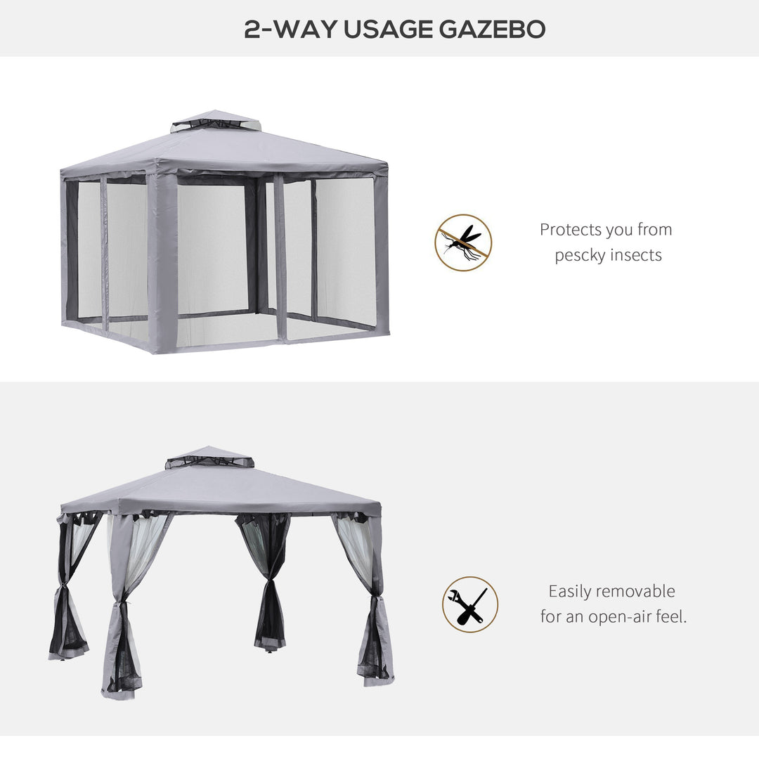 3 x 3 m Metal Gazebo, Garden Pavillion, Double Roof Outdoor Canopy Shelter with Mesh Sidewalls, Grey