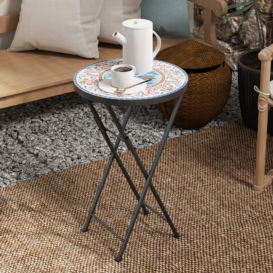 Mosaic Outdoor Garden Table, 35.5cm Round Folding Coffee Table with Metal Frame for Balcony Terrace, Multicolour