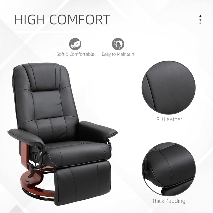 360° Swivel Recliner Chair with Footstool, Manual Recliner Armchair with Wooden Base, Faux Leather Upholstered Reclining Chair for Living Room, Bedroom, Office, Black
