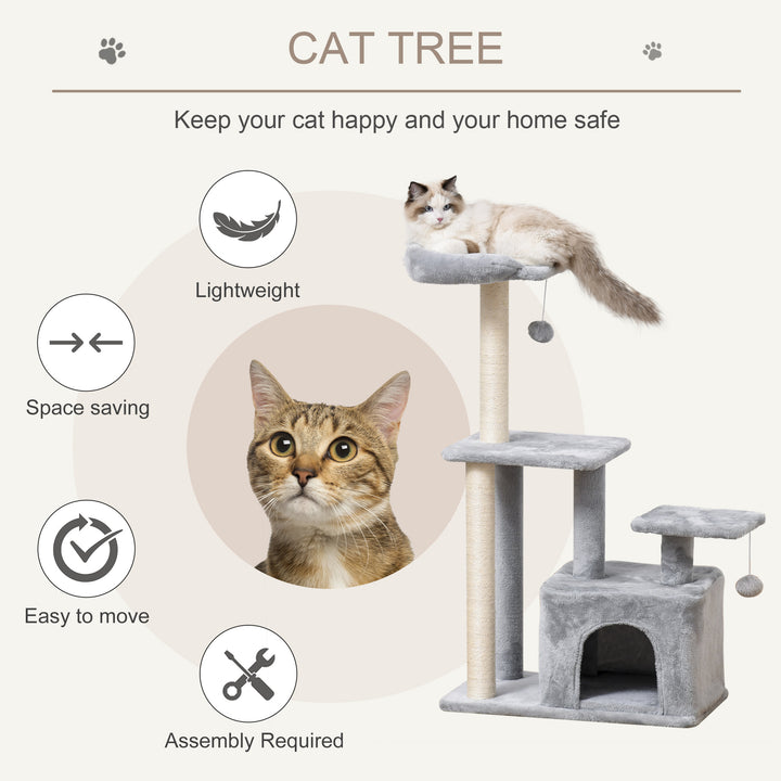 PawHut Feline Fun Tower: 114cm Tall Activity Centre with Scratching Posts, Perch, Dangling Ball & Condo, Light Grey | Aosom UK