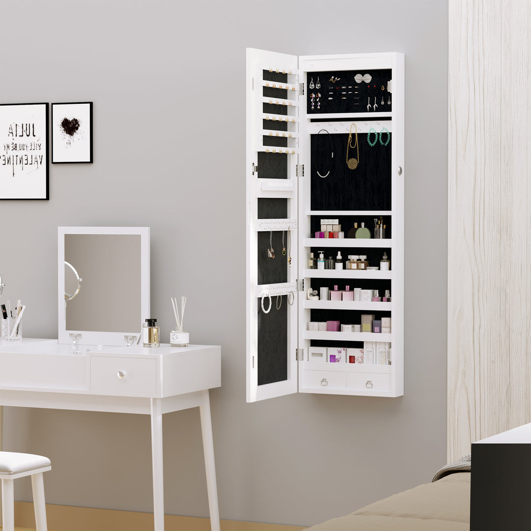 Jewelry Cabinet with Mirror and LED Lights, Lockable Makeup Cosmetics Jewellery Organiser, Mirror with Storage for Bedroom Dressing Room, White