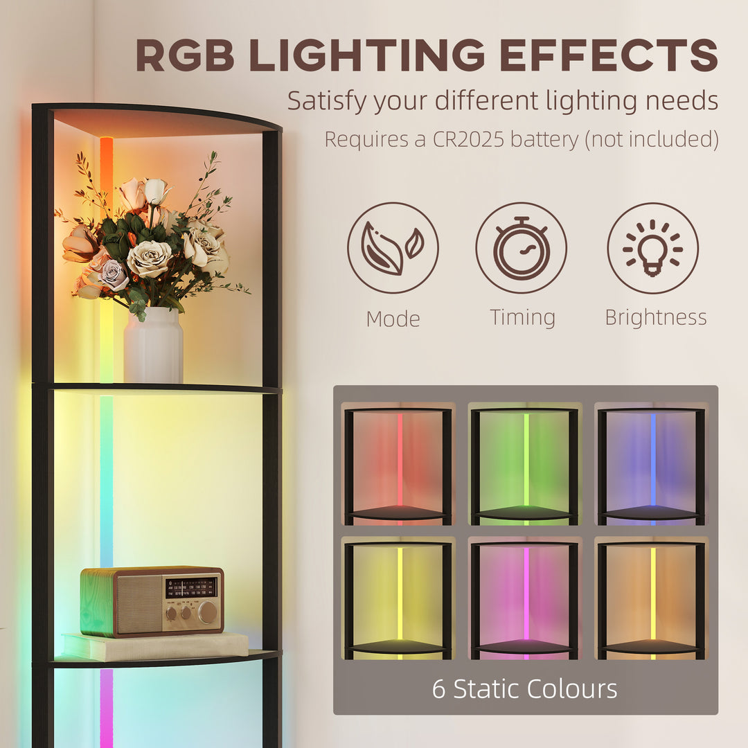 RGB LED Floor Lamp with Shelves, 5-Tier Dimmable Standing Lamp with Adjustable Brightness and Remote Control, Modern Corner Display Shelf Unit for Living Room Bedroom Office, Black