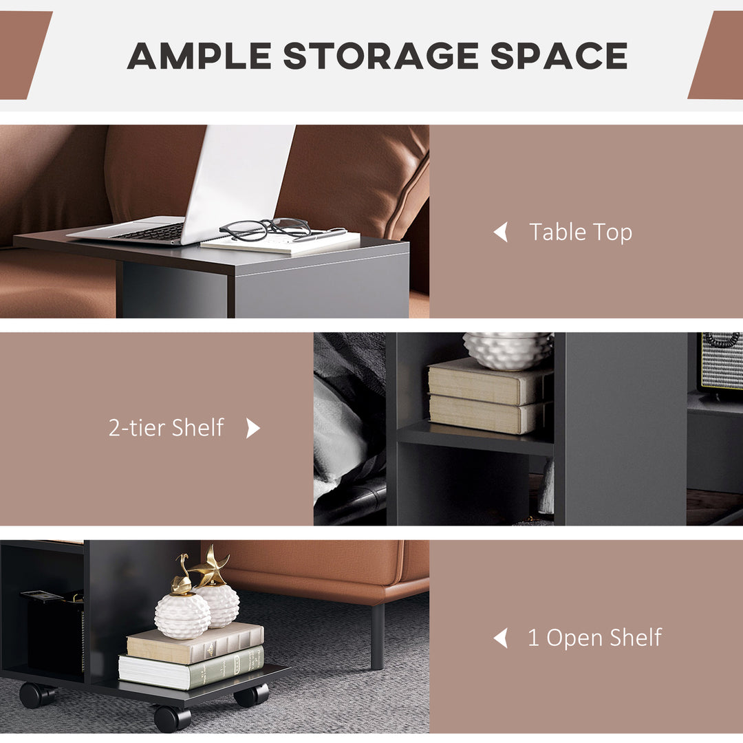 C-Shape End Table Unique Storage Unit w/ 2 Shelves 4 Wheels Freestanding Home Furniture Cabinet Square Black
