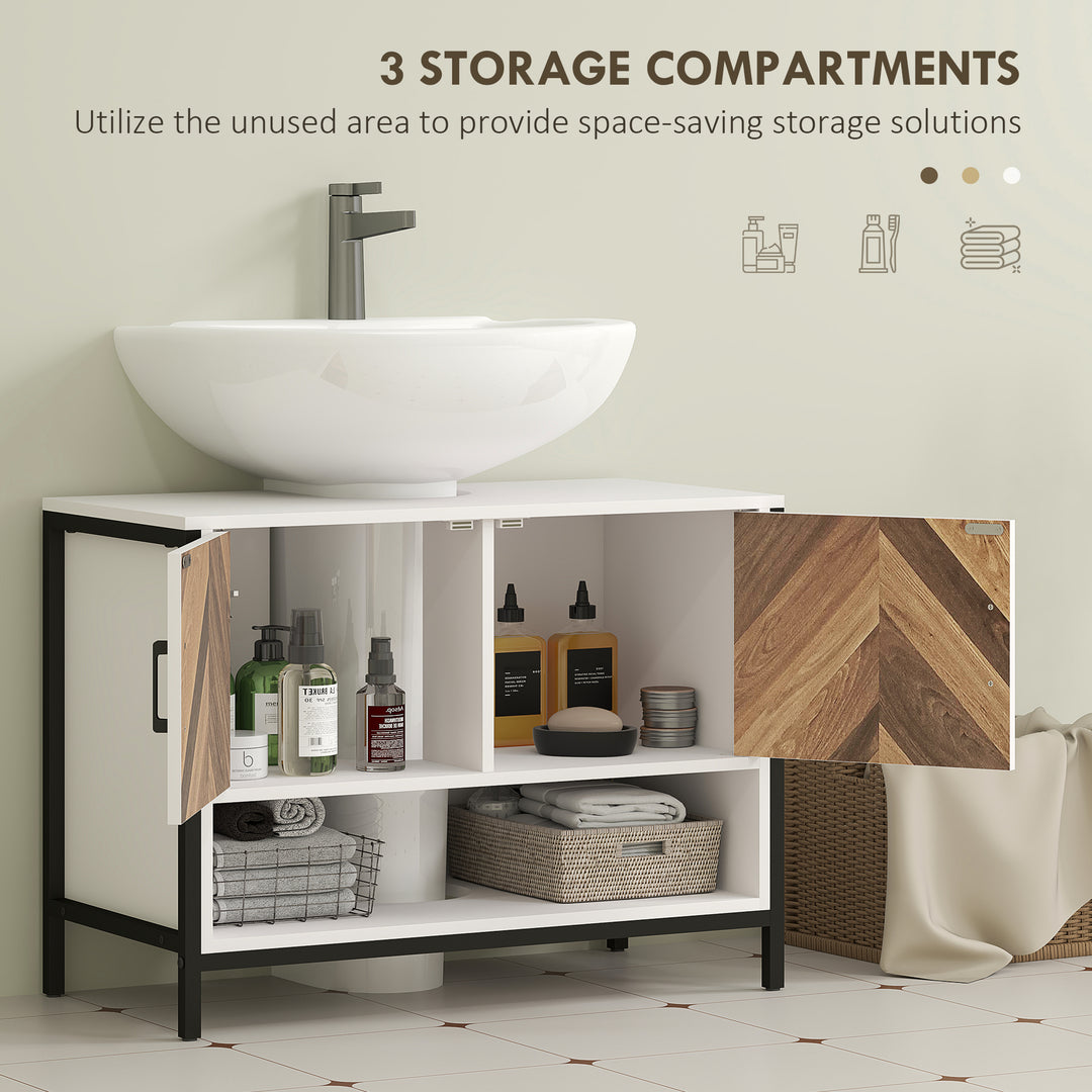 Under Sink Bathroom Cabinet, Rustic Under Sink Cabinet with Herringbone Doors and Open Compartment for Basin with or without Pedestal, 80 x 40 x 60cm, Cream White