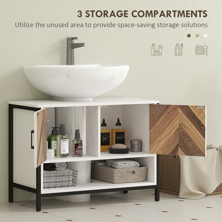 Under Sink Bathroom Cabinet, Rustic Under Sink Cabinet with Herringbone Doors and Open Compartment for Basin with or without Pedestal, 80 x 40 x 60cm, Cream White