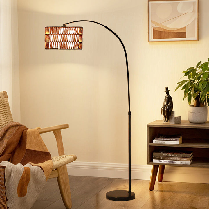 Rattan Floor Lamp for Living Room, Farmhouse Arc Standing Lamp with Dual-Layer Shade & Foot Switch, Height Adjustable Minimalist Tall Pole Lampshade for Bedroom, Office, Black