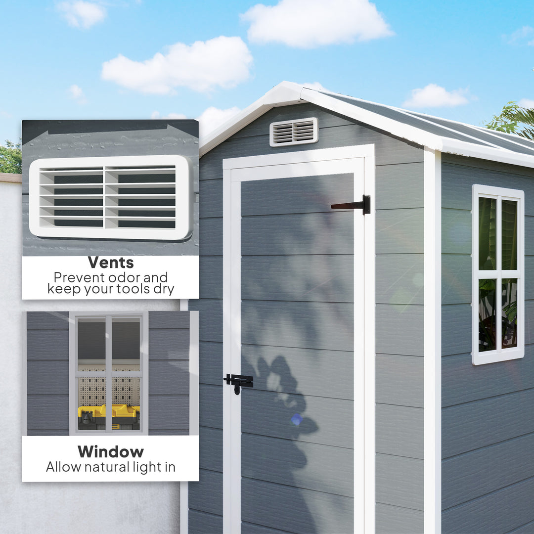 4 x 6ft Garden Shed, Plastic Shed with Floor, Window, Lockable Door and Vents, Resin Tool Shed for Outdoor Patio Storage, Zero Maintenance, Grey