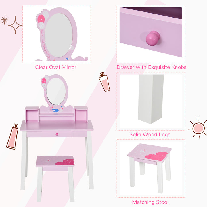 HOMCOM 2 PCS Kids Wooden Dressing Table & Stool Girls Vanity Table Makeup Table Set w/ Mirror Drawers Role Play for Toddlers 3 Year+ | Aosom UK