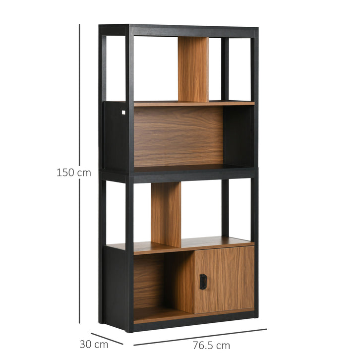 MCL Modern 4-Tier Bookshelf, Freestanding Bookcase with Storage Shelving and Closed Cabinet, for Living Room Home Office Study, Walnut Brown