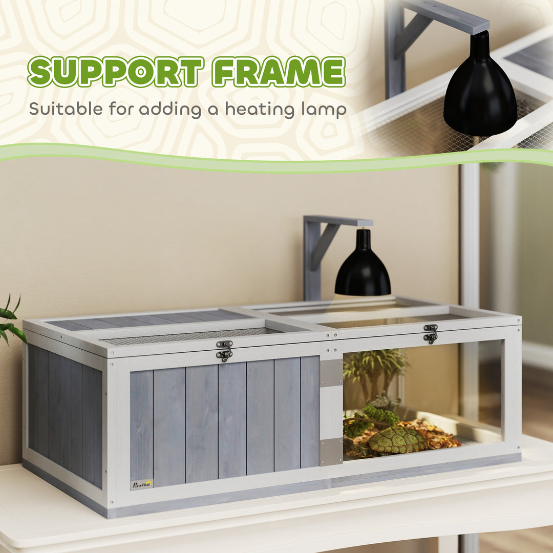 Wooden Tortoise House with Lamp Holder, Clear Windows, Openable Tops, Built-In Tray, Light Grey