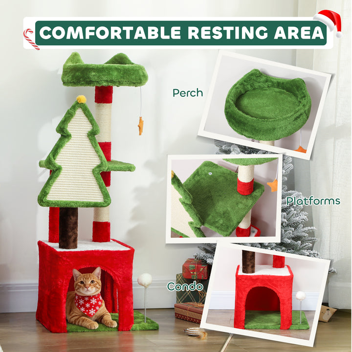Christmas Cat Tree, 120cm Cat Tower with Scratching Post &amp; Board, Plat