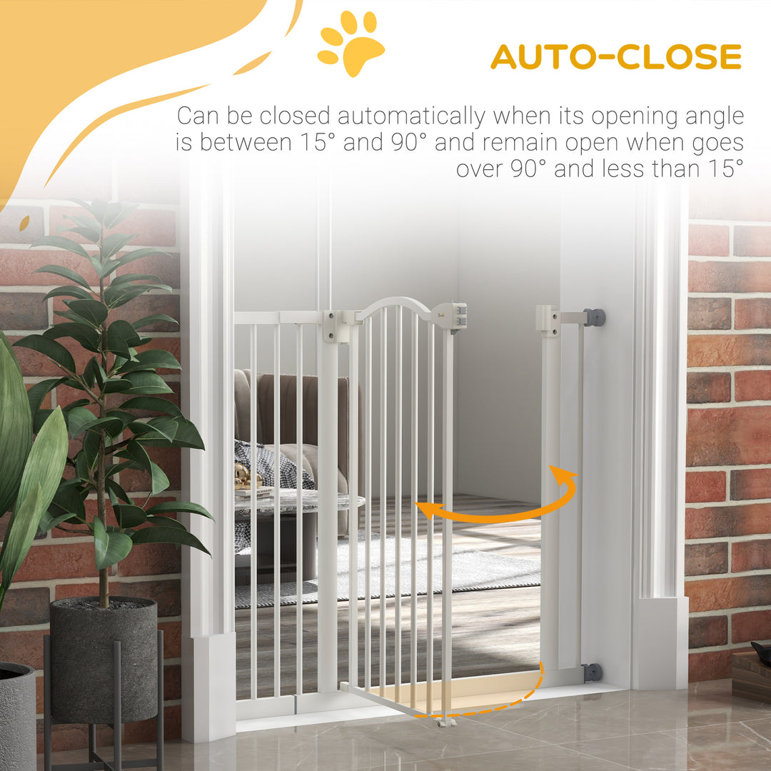 PawHut Adjustable Safety Pet Gate, Metal, Auto-Close Feature, Pressure Mount, 74-94cm, White | Aosom UK