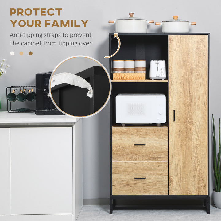 Kitchen Cupboard, Freestanding Storage Cabinet with Soft Close Door, Microwave Stand with Adjustable Shelves and Drawers, for Living Room, Dining Room, 160cm, Natural and Black