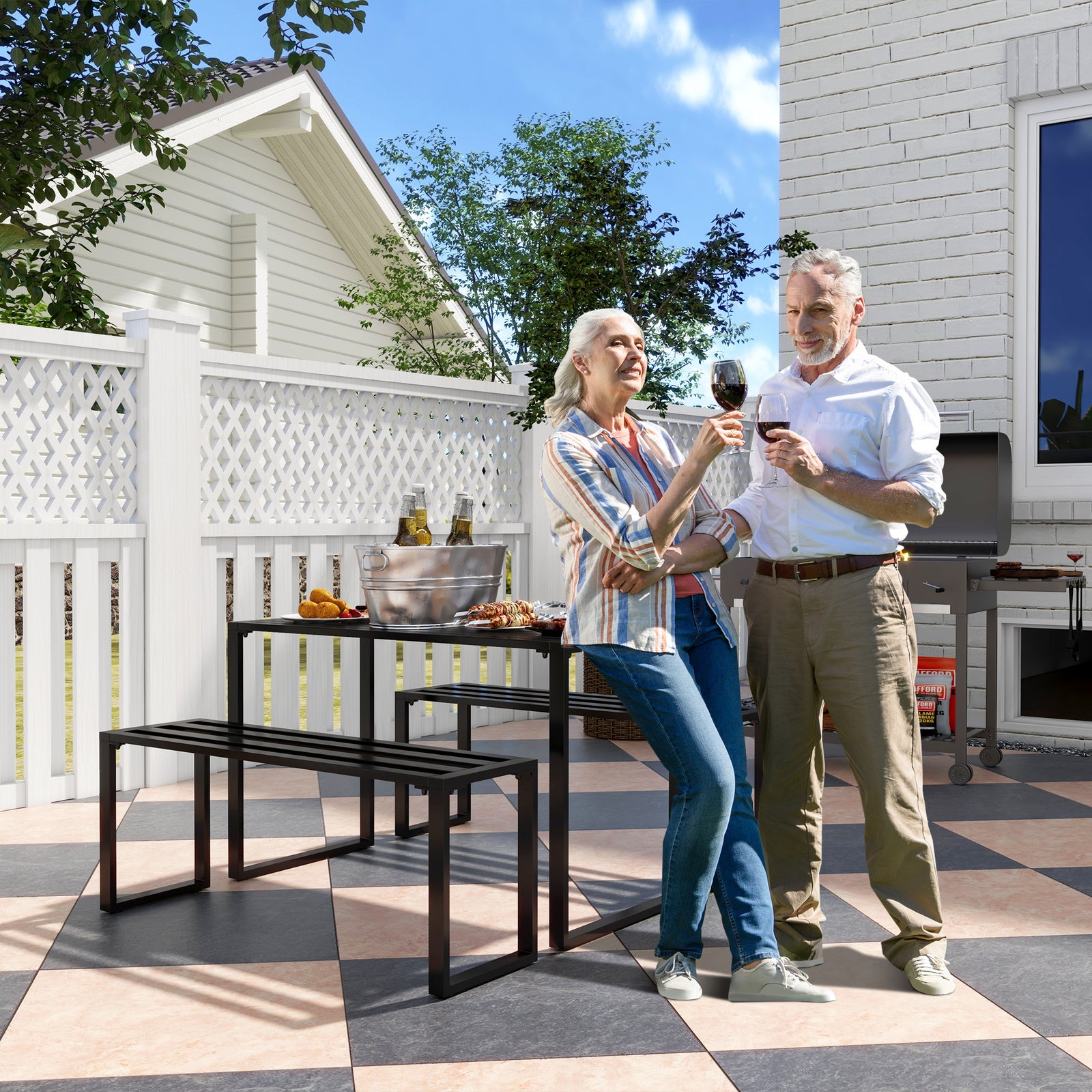 3 Pieces Picnic Bench Set with Table and 2 Benches, Slated Design Dining Trestle Beer Table and Seat, Black