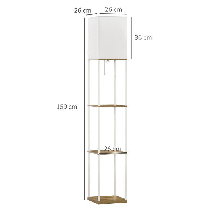 Modern Floor Lamp with Shelves, 3 Layer Shelf Tall Standing Lamp with Fabric Lampshade, Pull Chain Switch for Living Room, Bedroom, Bulb not Included, White