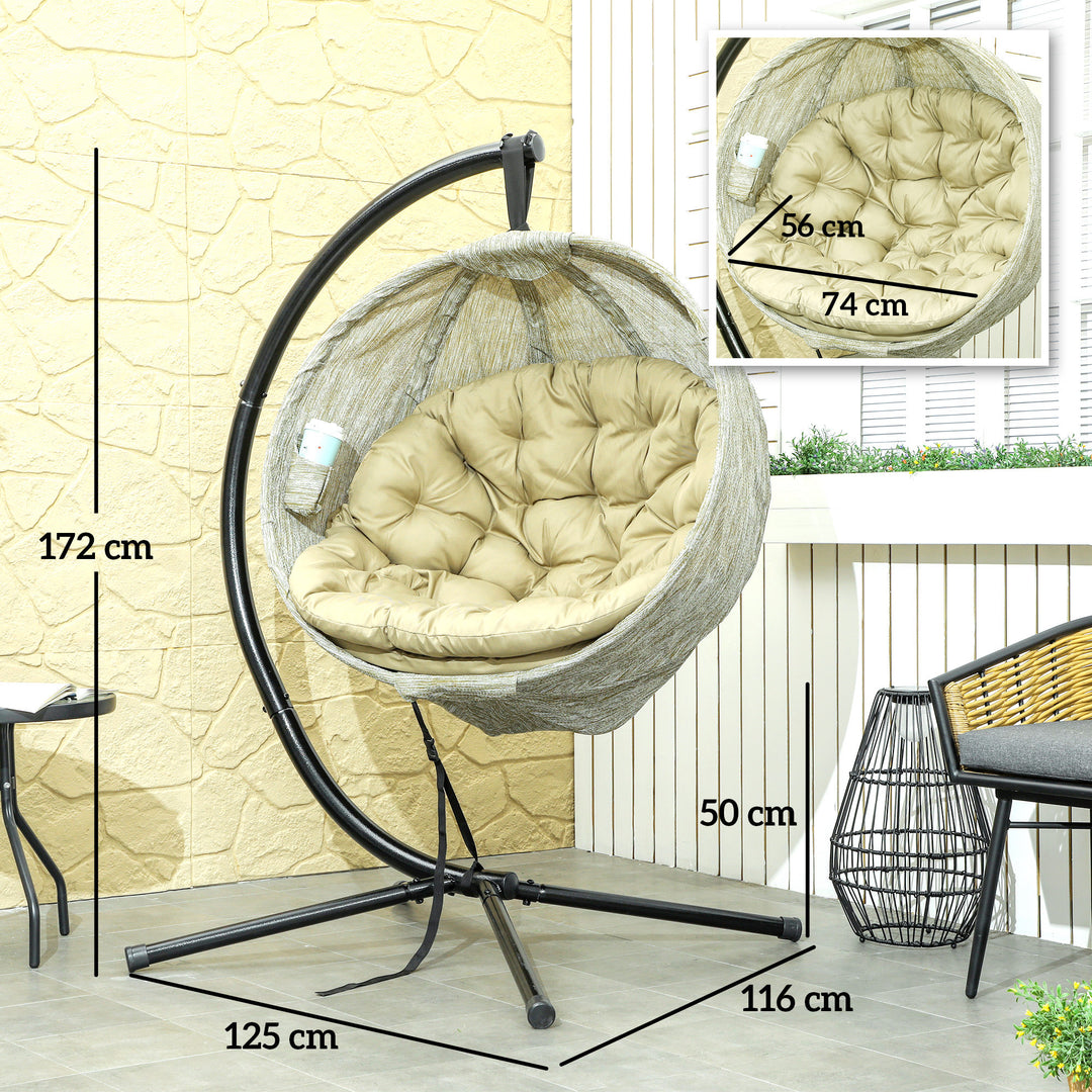 Hanging Egg Chair Outdoor Indoor Garden Swing Chair with Folding Basket, Garden Hanging Chair with Stand, Thickened Cushion, Cup Holder for Patio, Balcony, Khaki
