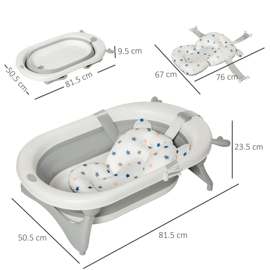 MCL Foldable Baby Bathtub Set, Collapsible Bath Tub with Thermostatic Water Plug, Non-Slip Support, Cushion Pad, Drain Plugs, for Newborn to 3 Years - Offwhite