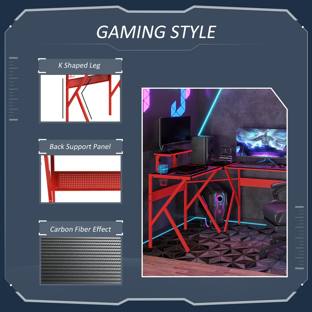 HOMCOM Gaming Desk L-Shaped Corner Computer Table for Home Office PC Workstations with Adjustable Monitor Stand , Red