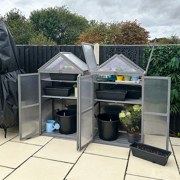 MCL Garden Cold Frame Polycarbonate Greenhouse with Adjustable Shelves, Double Doors, Openable Top Covers, Grow House for Flower Vegetable Plants, 80 x 47 x 138cm, Grey