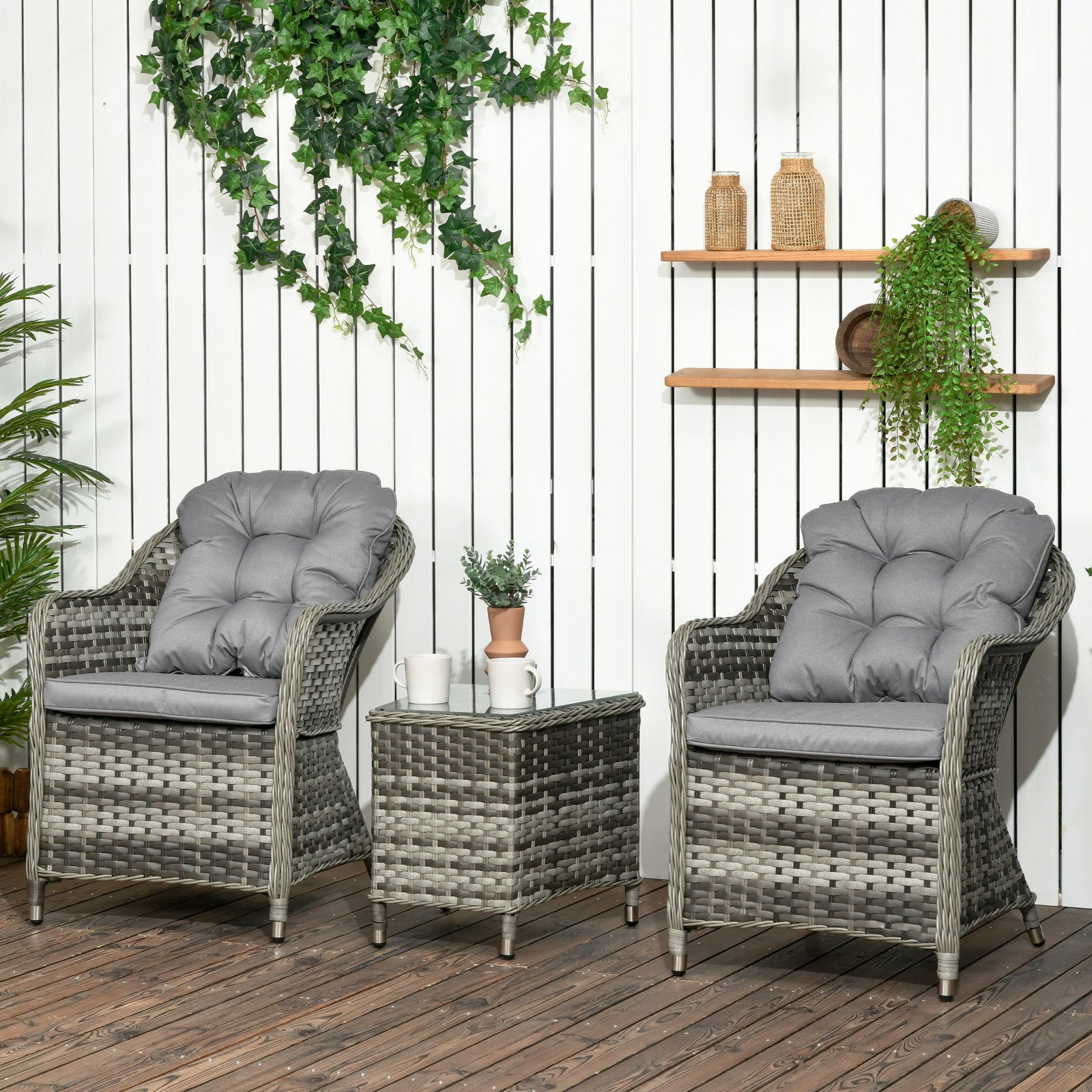 3 Pieces Rattan Bistro Set, Wicker Garden Bistro Set, Glass Top Balcony Table and Chairs with Cushions for Outdoor, Patio, Balcony, Grey