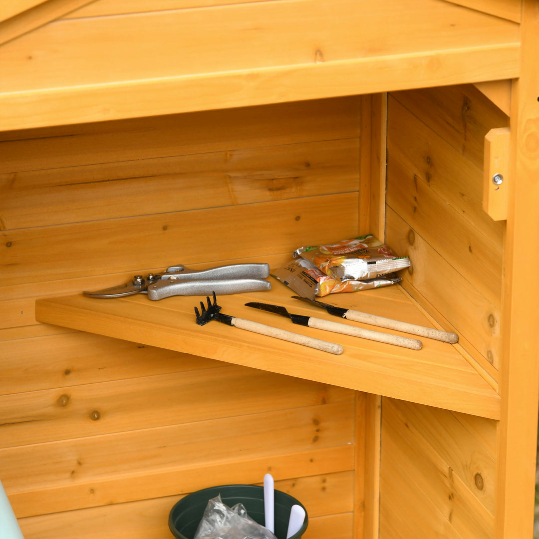 Wooden Garden Shed, Outdoor Storage Cabinet with 2 Shelves and Hooks, Locking Organiser Outdoor Narrow Tool House, 74x55x155cm, Yellow