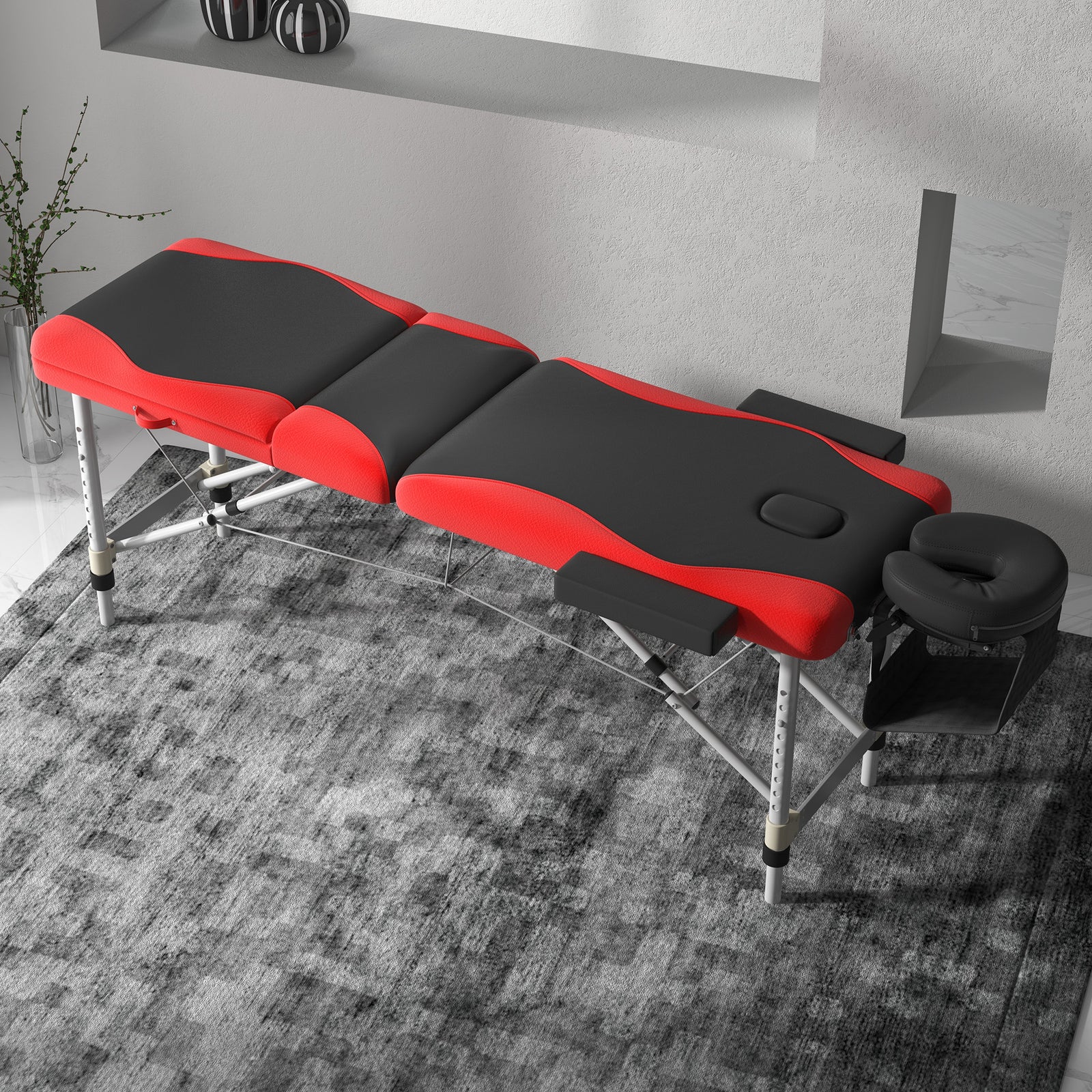 Foldable Massage Bed Portable Table, 3-Section Aluminium Foldable Beauty Couch, Professional Salon Spa Table with Headrest Support and Carry Bag, 60 cm Width, Black and Red