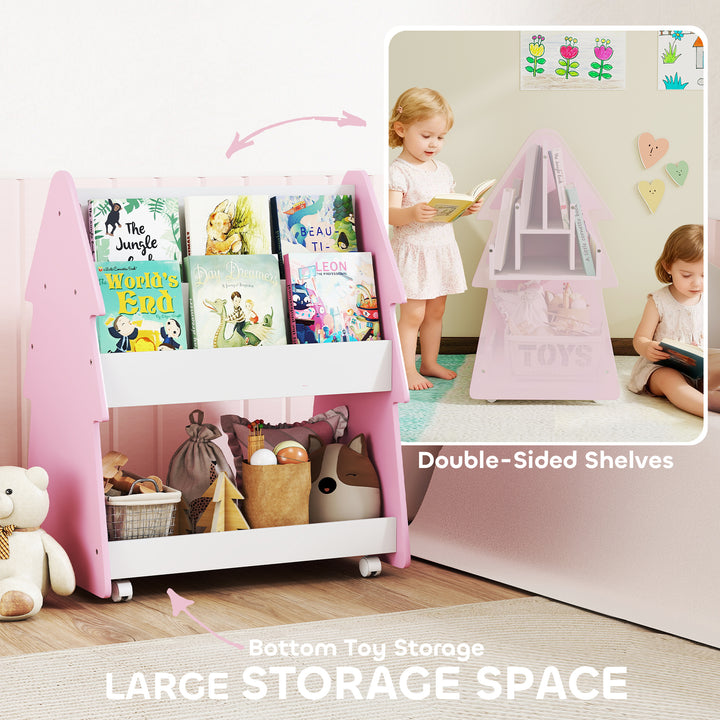 Kids Bookshelf with Toy Storage, Double-Sided Bookcase with Wheels, 3 Tier Kids Book Rack for Bedroom