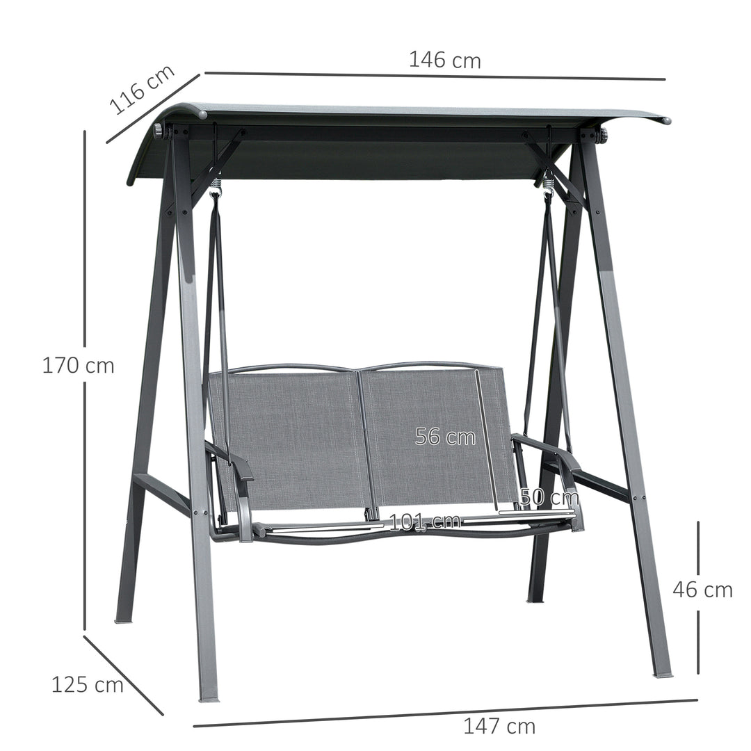 Outsunny 2 Seater Garden Swing Chair, Outdoor Canopy Swing Bench with Adjustable Shade and Metal Frame, Dark Grey