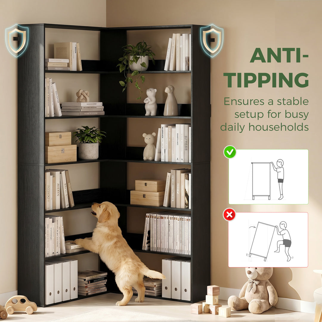 7 Tiers Bookshelf, L-Shaped Corner Bookcase with Anti-Slip Rear Guard,