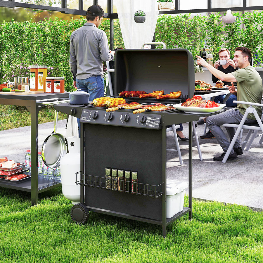 4+1 Burner Gas BBQ Grill, Portable Gas Barbecue Grill with Built-in Thermometer, Lid, Side Table, Shelf, Spice Rack, Wheels, Grease Cup for Garden Party Outdoor Cooking, Black